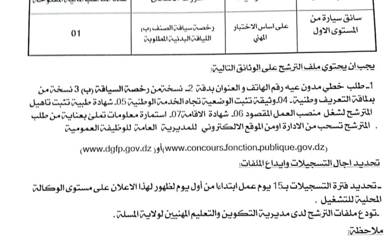 اعلان توظيف بمديرية التكوين المهني والتمهين لولاية المسيلة