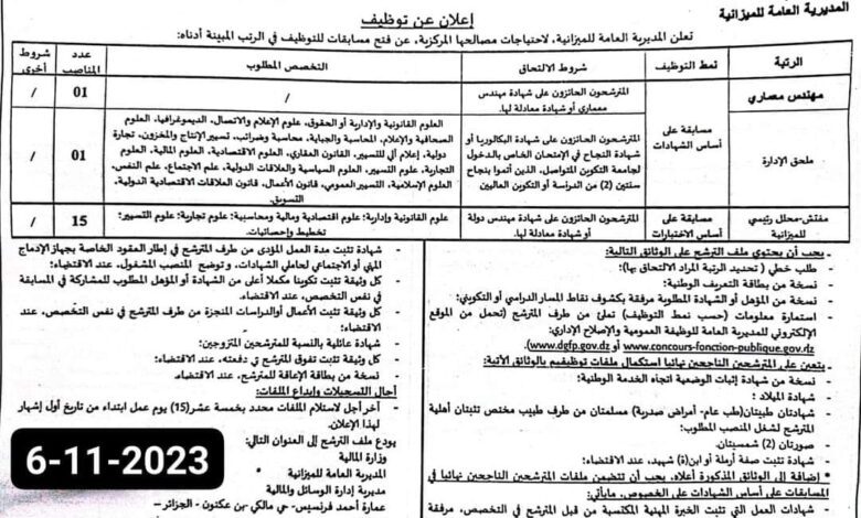 اعلان مسابقة توظيف بالمديرية العامة للميزانية 17 منصب اداري