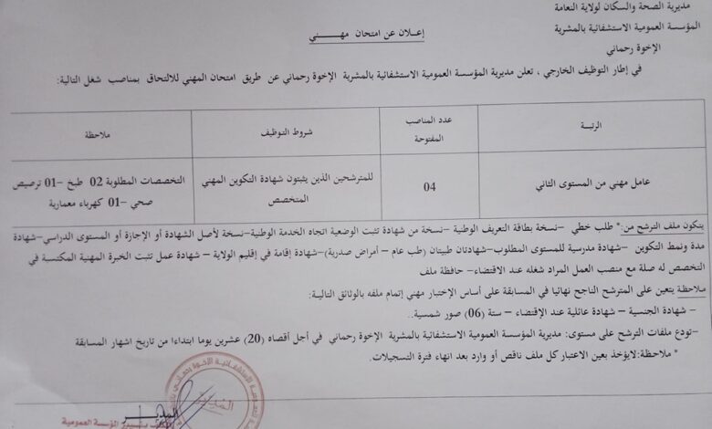 اعلان توظيف بالمؤسسة العمومية الاستشفائية بالمشرية الاخوة رحماني النعامة