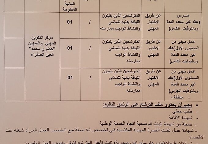 اعلان توظيف بمركز التكوين المهني والتمهين 1 حضري محمد بعين صفراء النعامة