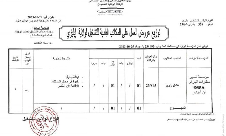 عرض عمل بمؤسسة تسيير مطارات الجزائر عين اميناس EGSA
