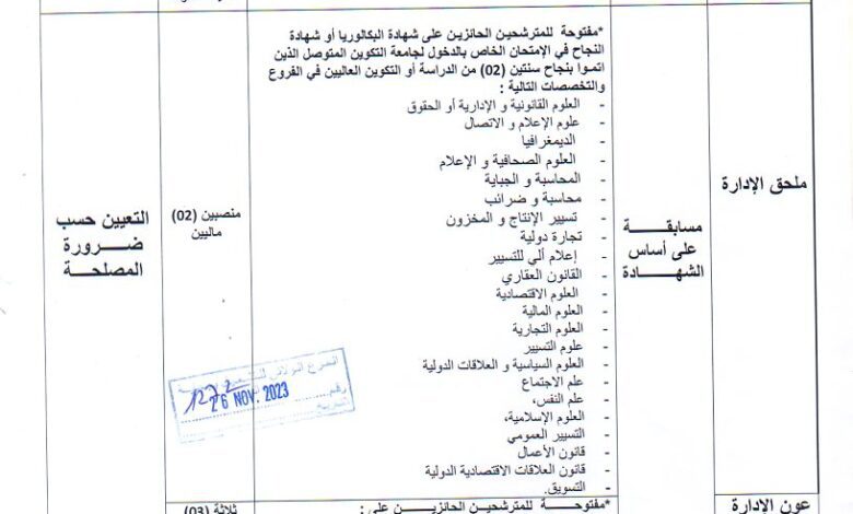 اعلان توظيف بمديرية الادارة المحلية لولاية بجاية