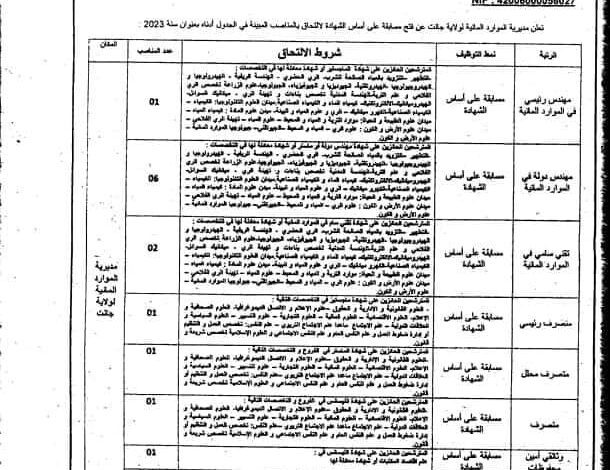 اعلان توظيف بمديرية الموارد المائية لولاية جانت