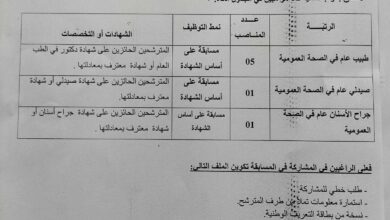 اعلان توظيف بالمؤسسة العمومية للصحة الجوارية حساسنة سعيدة