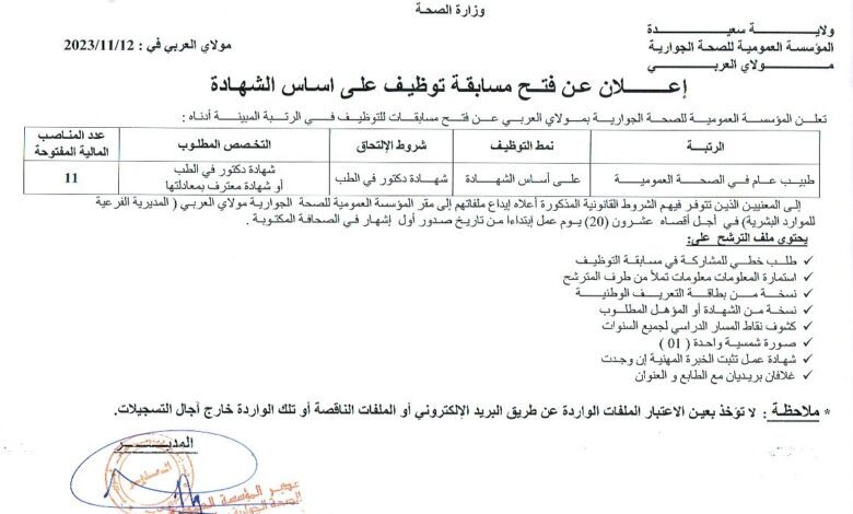 اعلان توظيف بالمؤسسة العمومية للصحة الجوارية مولاي العربي سعيدة