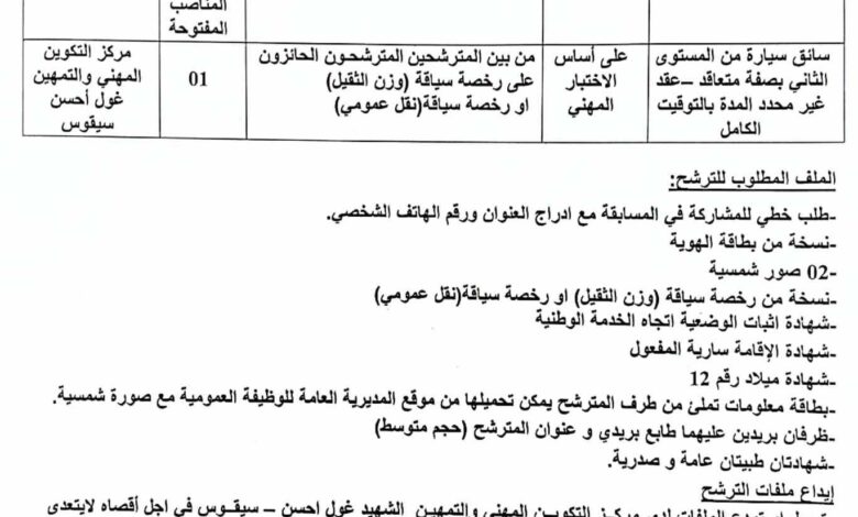 اعلان توظيف بمركز التكوين المهني والتمهين سيقوس أم البواقي