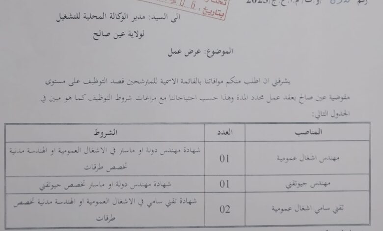 اعلان توظيف بمخبر الأشغال العمومية في جنوب البلاد