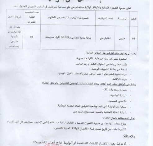 اعلان توظيف بمديرية الشؤون الدينية و الأوقاف لولاية مستغانم