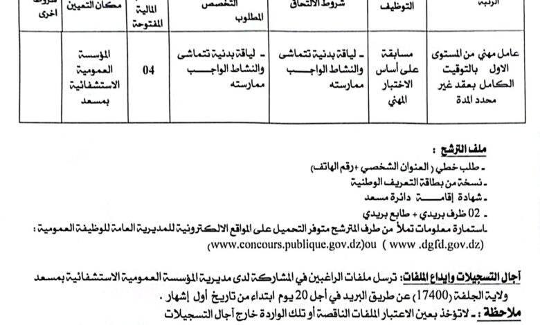 اعلان توظيف بالمؤسسة العمومية الاستشفائية مسعد بالجلفة