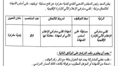 اعلان توظيف ببلدية مغراوة ولاية المدية