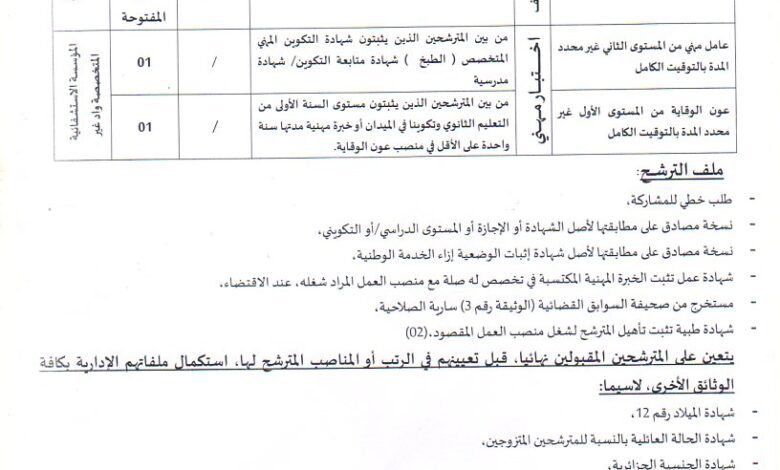 اعلان توظيف بالمؤسسة الاستشفائية المتخصصة في طب الأمراض العقلية واد غير بجاية