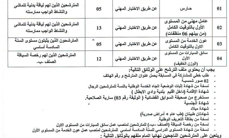 اعلان توظيف بالمؤسسة العمومية الاستشفائية بوادي الأبطال معسكر