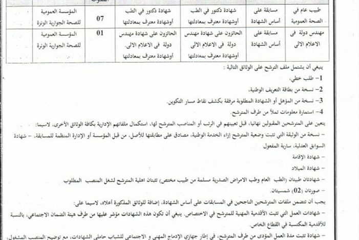اعلان توظيف بالمؤسسة العمومية للصحة الجوارية الونزة تبسة