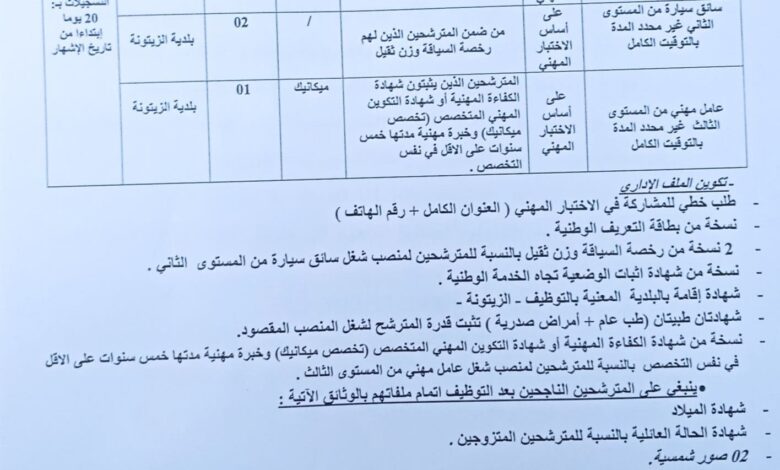 اعلان توظيف ببلدية الزيتونة ومركز التكوين المهني والتمهين البسباس ولاية الطارف