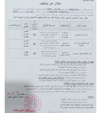 اعلان توظيف ببلدية أفلو ولاية الأغواط 24 منصب