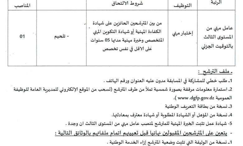 اعلان توظيف بمركز التكوين المهني والتمهين الجلفة 3 الشهيد بوجمعة