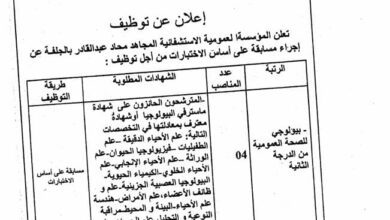 اعلان توظيف بالمؤسسة العمومية الاستشفائية المجاهد عبد القادر بالجلفة