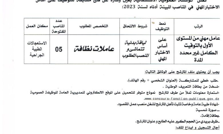 اعلان توظيف بالمؤسسة العمومية الاستشفائية عين وسارة بالجلفة