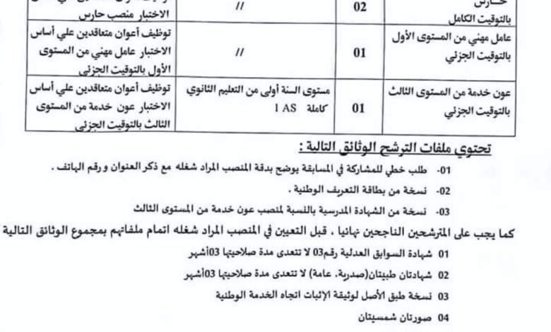 اعلان توظيف بالمؤسسة العمومية الاستشفائية زيغود يوسف تنس وبلدية الهرانفة بولاية الشلف