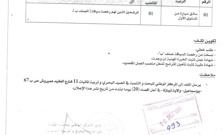 اعلان توظيف بالمحطة التجريبية للموارد البحرية الطارف