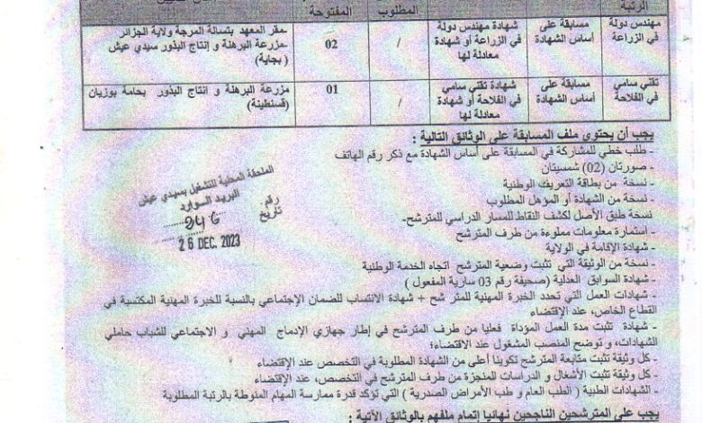 اعلان توظيف بالمعهد التقني لزراعة أشجار الفواكه والكروم تسالة مرجة بئر توتة الجزائر (قسنطينة وبجاية)