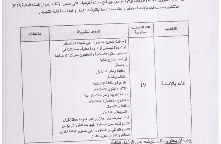 اعلان توظيف بمديرية الشؤون الدينية والأوقاف الوادي