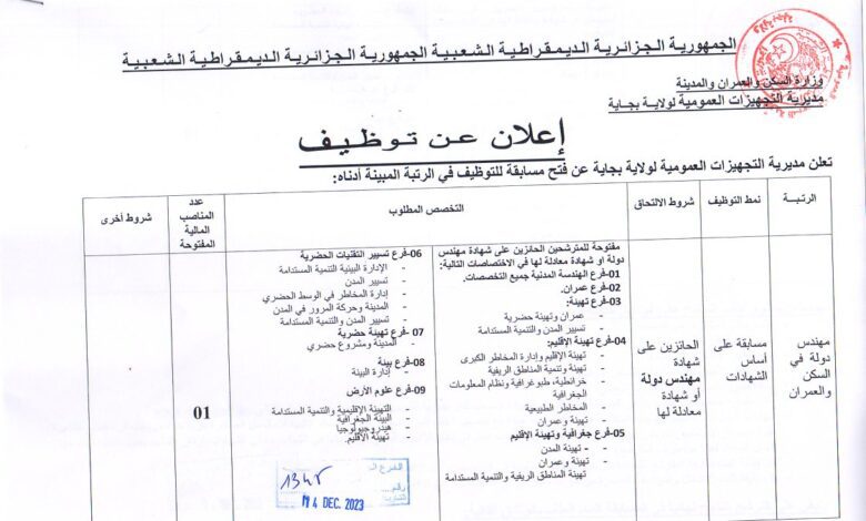 اعلان توظيف بمديرية التجهيزات العمومية لولاية بجاية