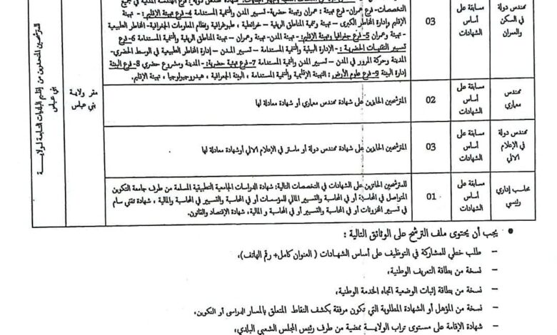 اعلان توظيف بمديرية الادارة المحلية لولاية بني عباس