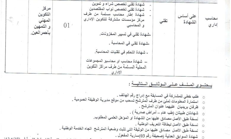 اعلان توظيف بمركز التكوين المهني والتمهين الشهيد علي بلحسن باحمر العين تيبازة