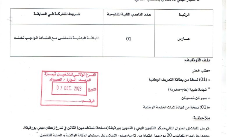 اعلان توظيف بمركز التكوين المهني والتمهين ببورقيقة تيبازة