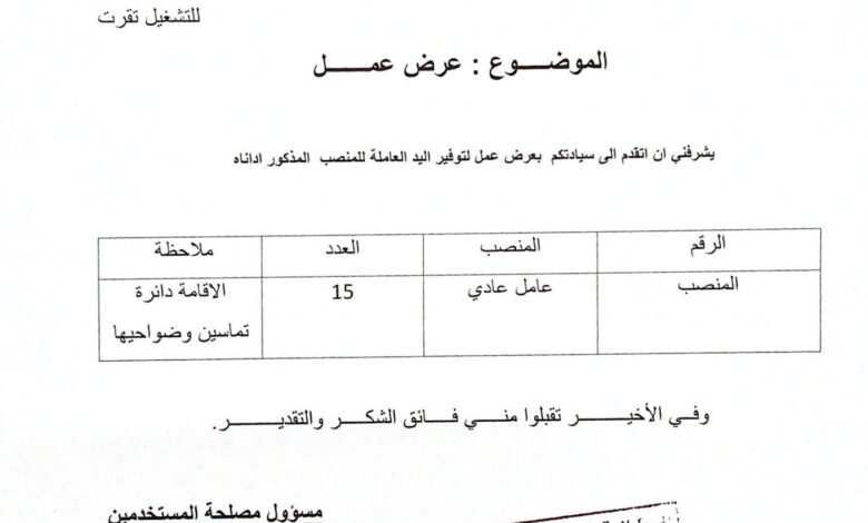 عرض عمل بمصنع الحديد SFM عمال عاديين