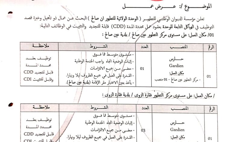 اعلان توظيف بمؤسسة الديوان الوطني للتطهير ONA