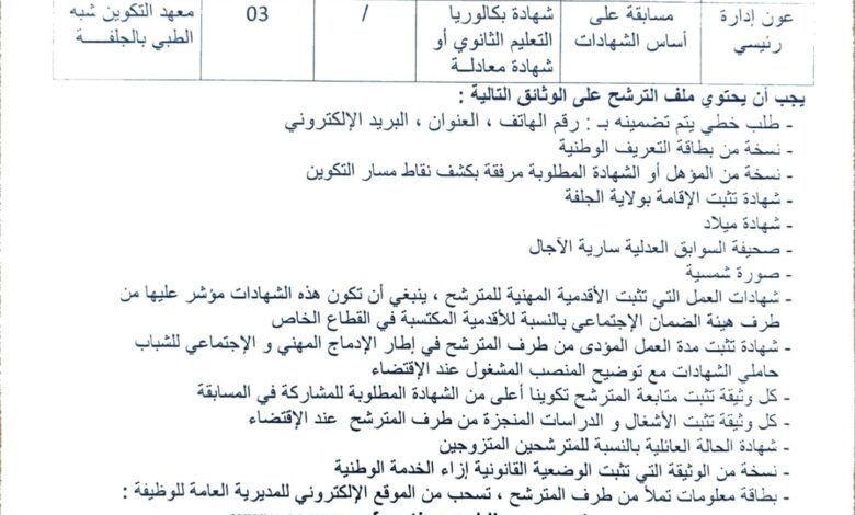 اعلان توظيف بمعهد التكوين شبه الطبي بالجلفة 1