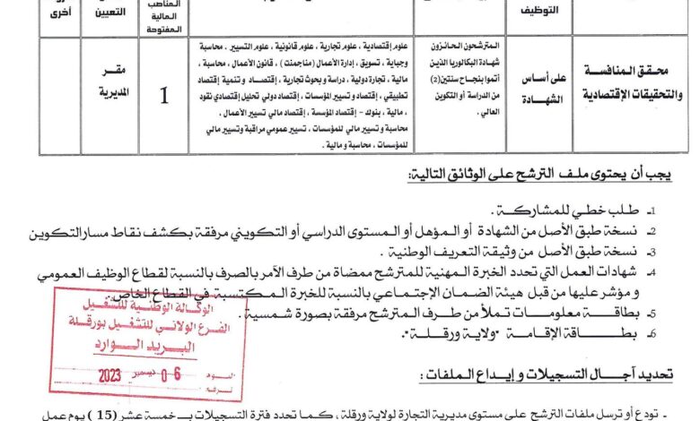 إعلان توظيف بمديرية التجارة ورقلة