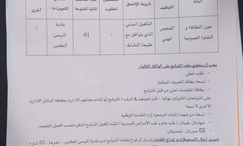 اعلان توظيف ببلدية المرسى الكبير وهران