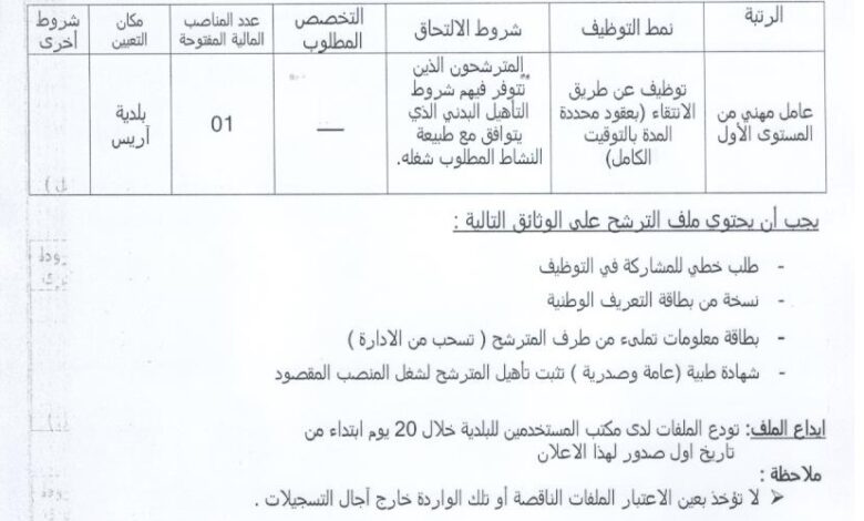 اعلان توظيف ببلدية أريس ولاية باتنة