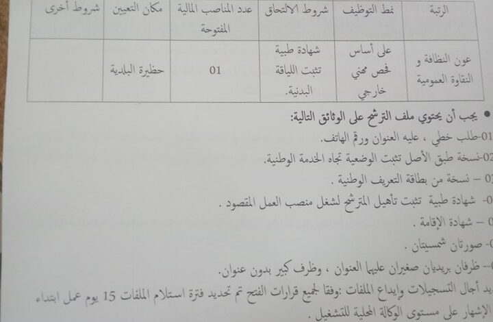 اعلان توظيف ببلدية البيوض ولاية النعامة