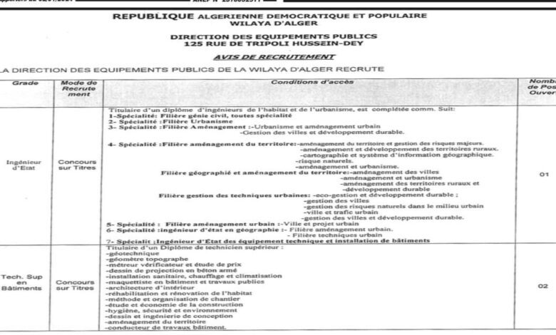 اعلان توظيف بمديرية التجهيزات العمومية بالجزائر العاصمة