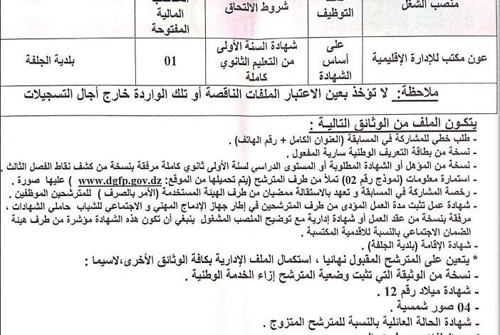 اعلان توظيف ببلدية الجلفة