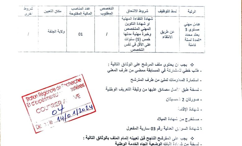 اعلان توظيف بالمعهد الوطني للأبحاث الغابية الجلفة