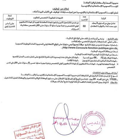 اعلان توظيف بالمؤسسة العمومية الاستشفائية بالادريسية الجلفة 25 منصب