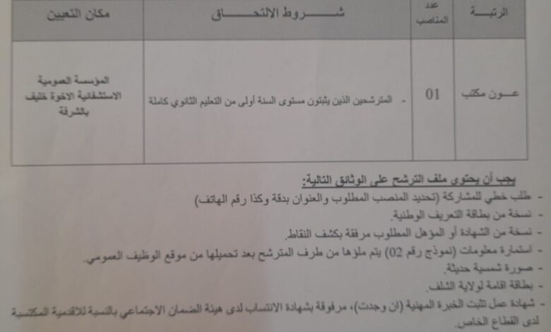 اعلان توظيف بالمؤسسة العمومية الاستشفائية الاخوة خليف بالشرفة الشلف