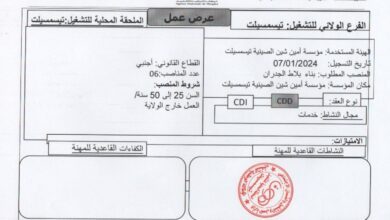 عرض عمل بمؤسسة امين شين الصينية تيسمسيلت 41 منصب