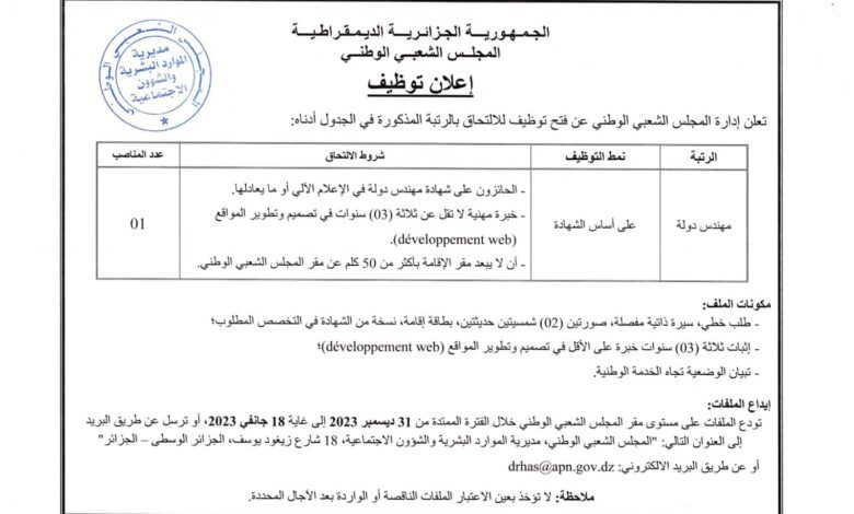 اعلان توظيف بالمجلس الشعبي الوطني