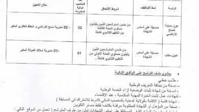 اعلان توظيف بالمديرية الجهوية للأملاك الوطنية ببسكرة ولاية المغير