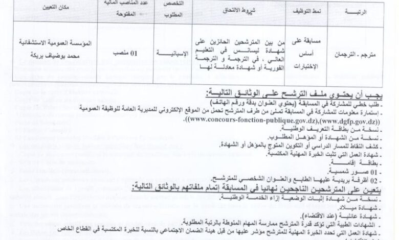 اعلان توظيف بالمؤسسة العمومية الاستشفائية محمد بوضياف بريكة باتنة