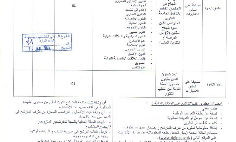 اعلان توظيف بمديرية الشباب والرياضة لولاية بجاية