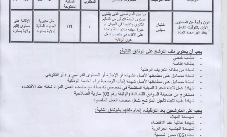اعلان توظيف بمديرية الموارد المائية لولاية بسكرة