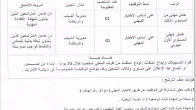اعلان توظيف بمديرية الشباب والرياضة لولاية تيارت