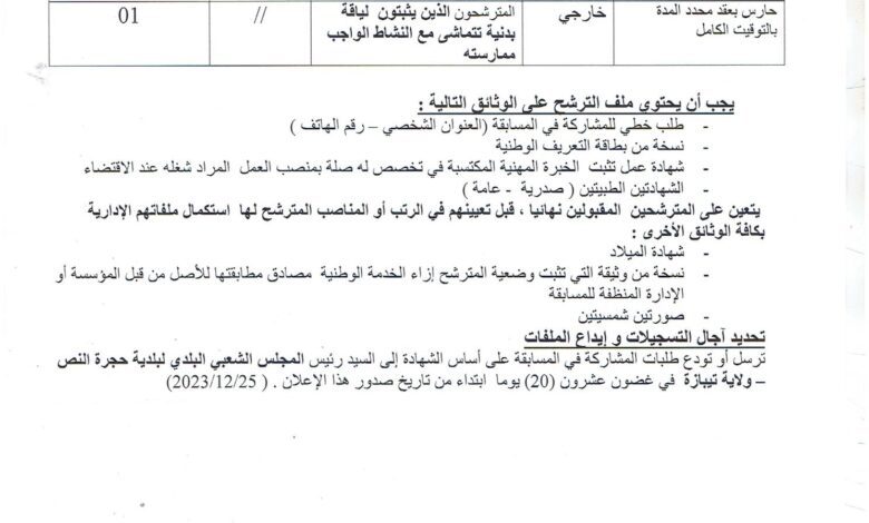 اعلان توظيف ببلدية حجرة النص ولاية تيبازة